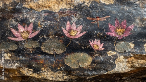 Several pink water lilies with green leaves floating on dark water.