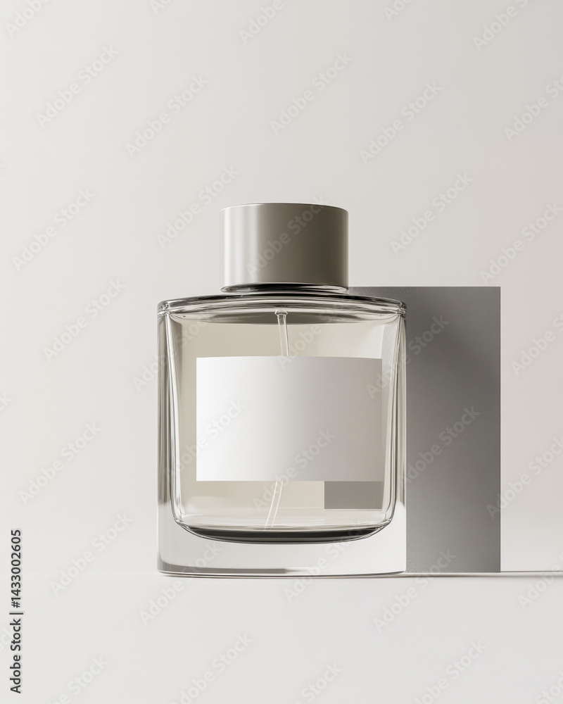 Minimalistic 3D render of a cylindrical glass perfume bottle with a grey card background Minimalistic 3D render of a cylindrical glass perfume bottle with a grey card background