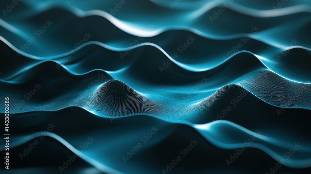 Obraz premium Abstract wavy surface, dark teal blue and black. Dynamic, textured, digital landscape