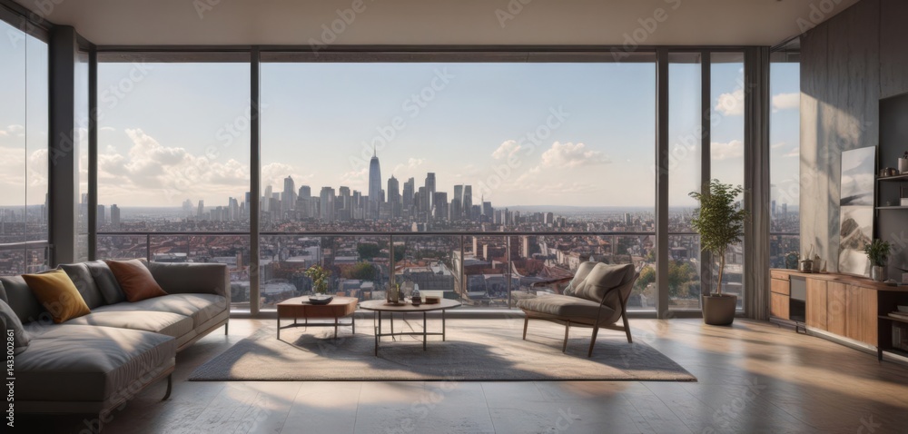 Fototapeta premium Modern apartment, panoramic city view from large window, chic, evening, condo