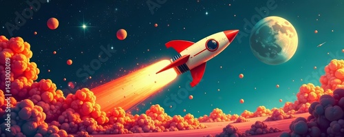 Wallpaper Mural Vintage retro space program poster with rocket flying past asteroid, program, propaganda Torontodigital.ca