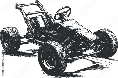 Black and white sketch illustration of a go kart racing vehicle with wheels and steering wheel