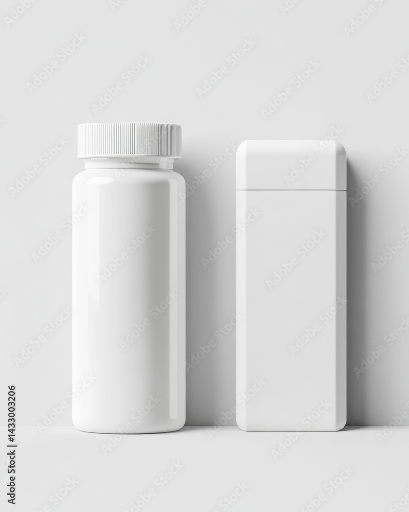 Minimalistic medical packaging mockup with cylindrical bottle and rectangular box on gray background Minimalistic medical packaging mockup with cylindrical bottle and rectangular box on gray background