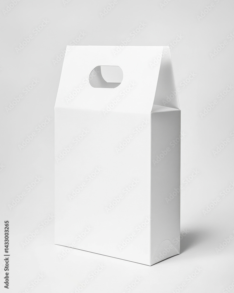 Minimalistic white packaging box mockup with euro hole hanger on gray backdrop Minimalistic white packaging box mockup with euro hole hanger on gray backdrop