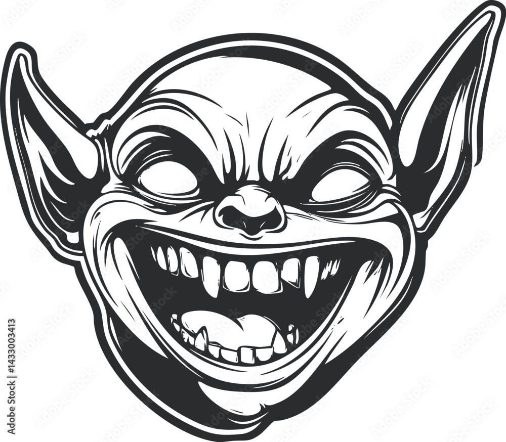 Illustration of a grinning goblin face with large ears and sharp teeth in black and white Illustration of a grinning goblin face with large ears and sharp teeth in black and white