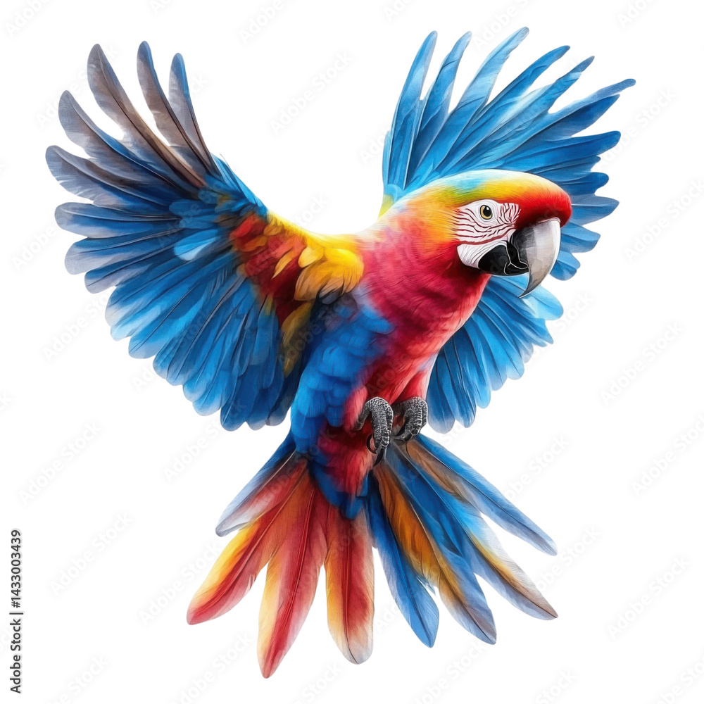 Fototapeta premium colorful macaw parrot in flight on white background