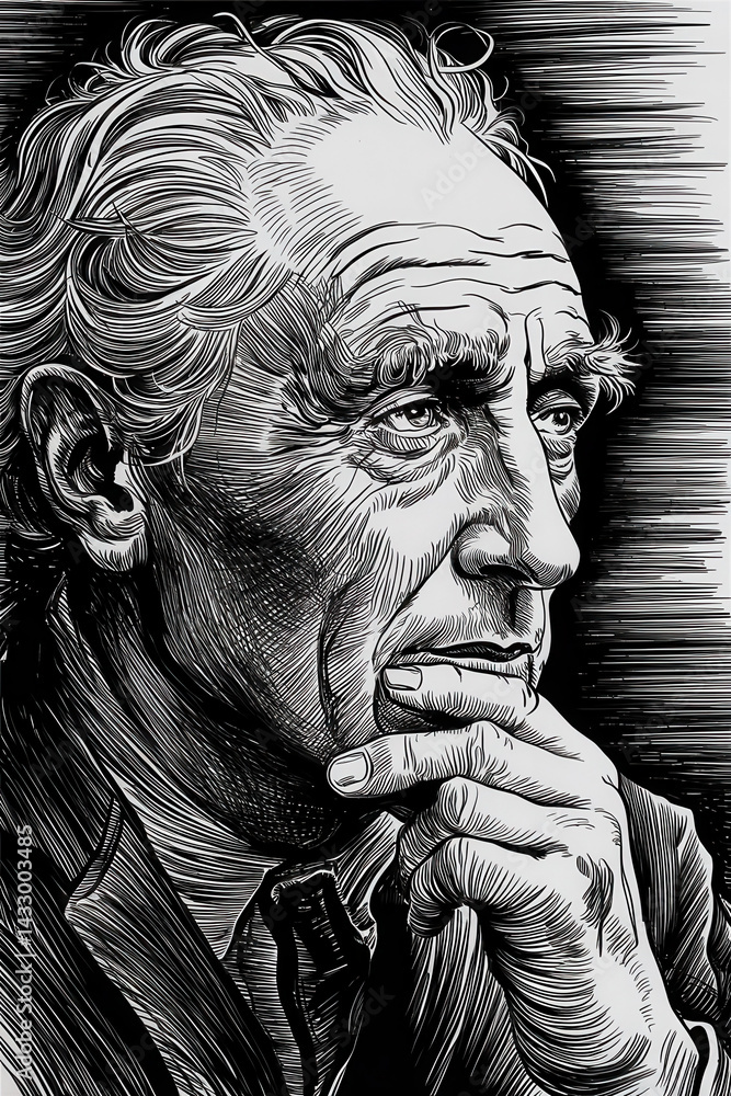 Fototapeta premium Thoughtful Elderly Man Contemplating in Powerful Black and White Line Art