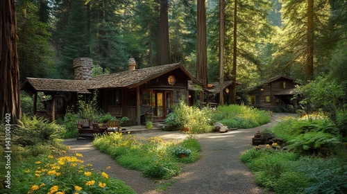 Cabin in the woods with a path leading to it surrounded by trees.
