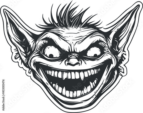 Black and white illustration of a scary goblin creature with large ears and sharp teeth grinning wildly
