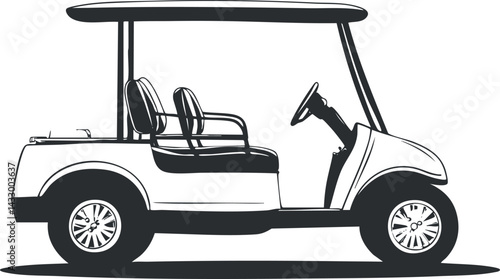 Side view of a two-seater golf cart vehicle with roof and steering wheel in black and white illustration