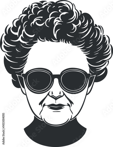 Black and white vector illustration of a mature woman wearing sunglasses with curly hair and a stylish expression