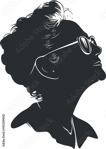 Black and white vector silhouette of a woman wearing glasses looking up in profile view