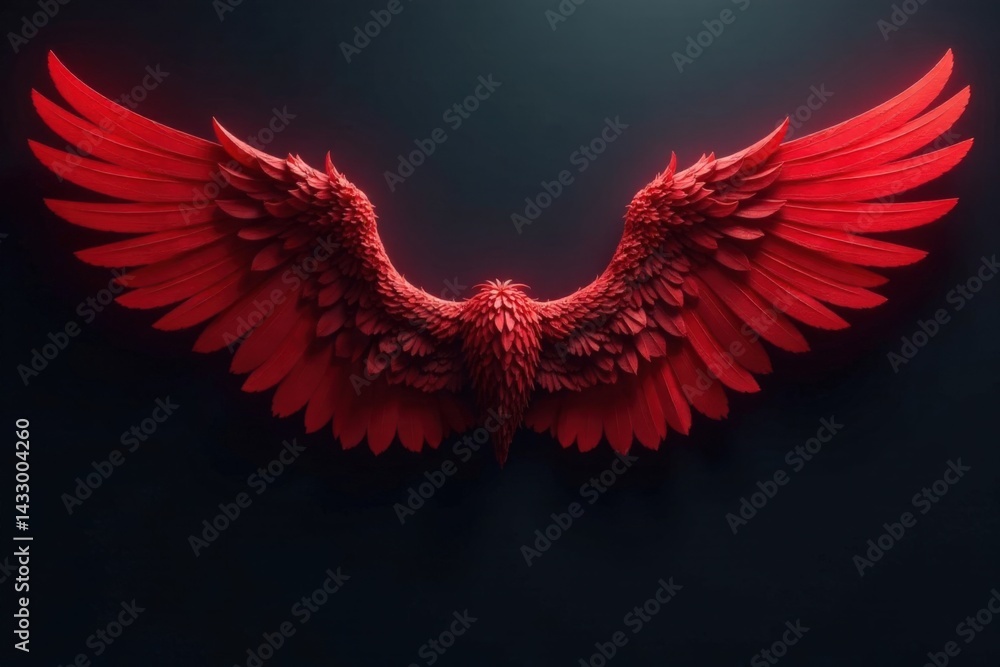 Obraz premium Mystical red wings spread wide on a dark background , mystical, creature, black