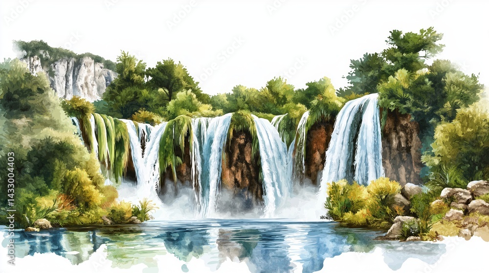 Naklejka premium Kravica Waterfalls. Kravica Waterfalls hand drawn watercolor illustration