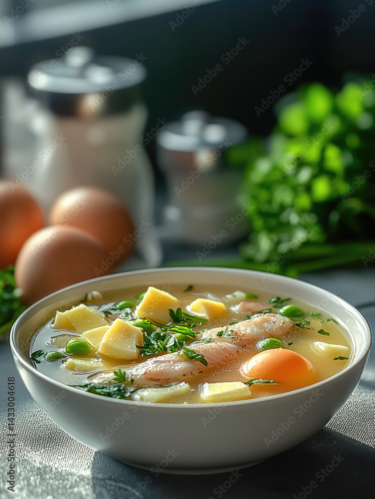 delicious bowl of soup featuring fresh ingredients like fish, eggs, and vegetables, garnished with herbs, evokes sense of warmth and comfort. vibrant colors and textures create inviting meal