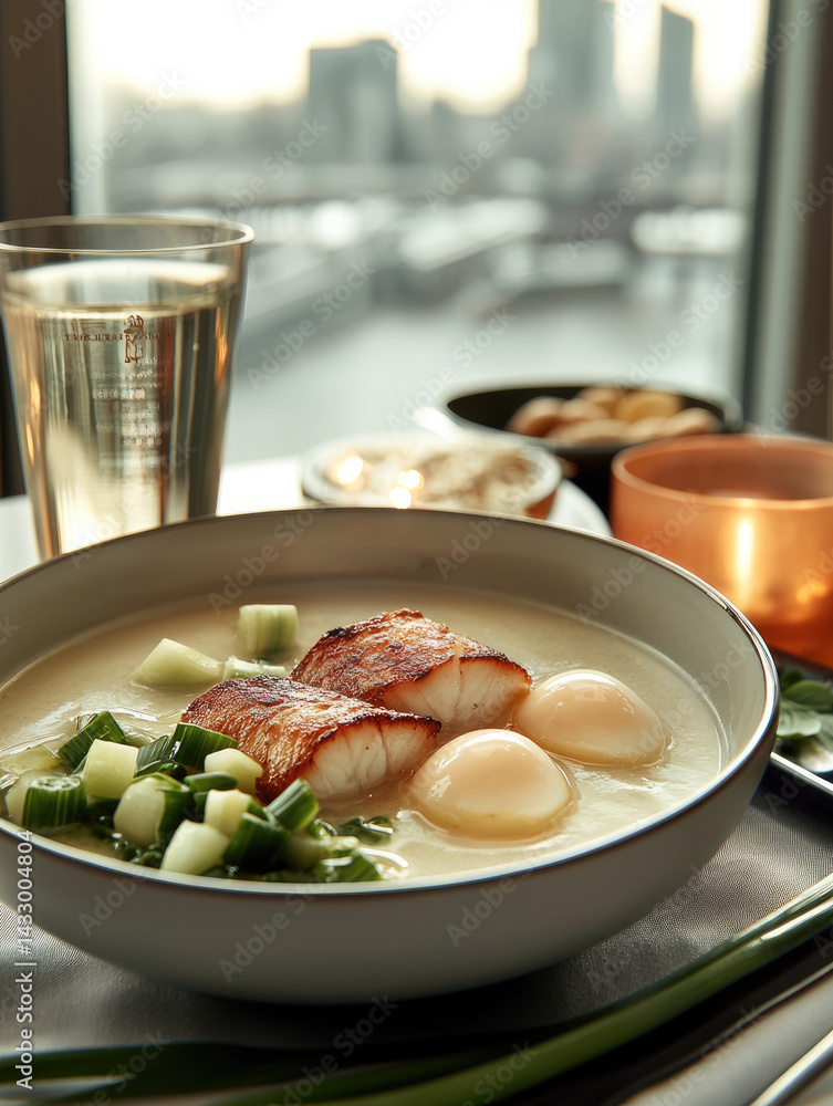 delicious bowl of creamy soup featuring tender fish fillets, soft boiled eggs, and fresh green onions, set against stunning city skyline. warm ambiance enhances dining experience