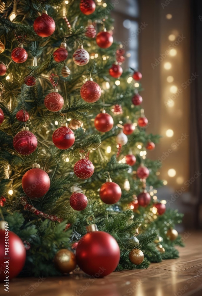 Fototapeta premium Ornate Christmas tree, vibrant baubles, soft bokeh lights , glittering, decoration, holiday background