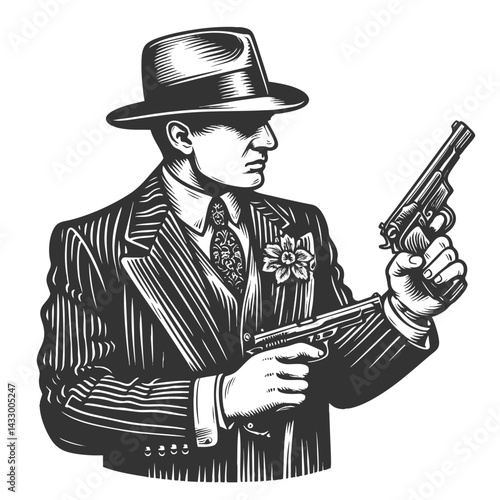 mafia gangster in a pinstripe suit and fedora, armed with two pistols, looking serious sketch engraving generative ai fictional character vector illustration. Scratch board. Black and white image.