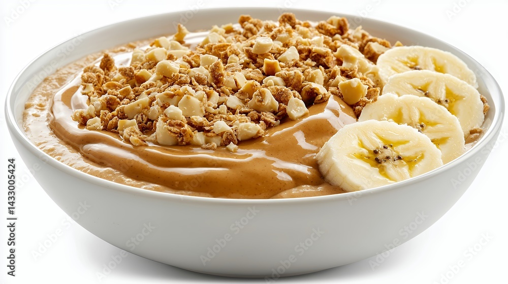 Delicious breakfast bowl featuring peanut butter, granola, and ripe bananas in a white bowl Delicious breakfast bowl featuring peanut butter, granola, and ripe bananas in a white bowl