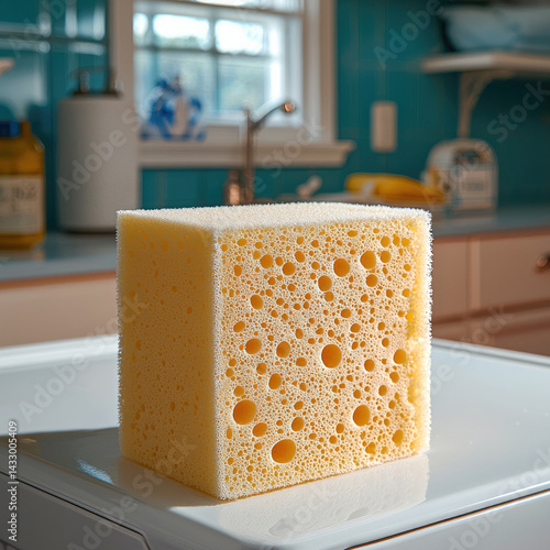 clean, yellow sponge with unique porous texture is prominently displayed on white surface in bright kitchen setting. sponge design features numerous holes, showcasing its absorbent qualities