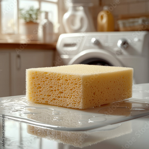 Obraz na płótnie clean, yellow sponge rests on wet surface, showcasing its porous texture and vibrant color. background features bright kitchen with washing machine, creating fresh and tidy atmosphere w salonie