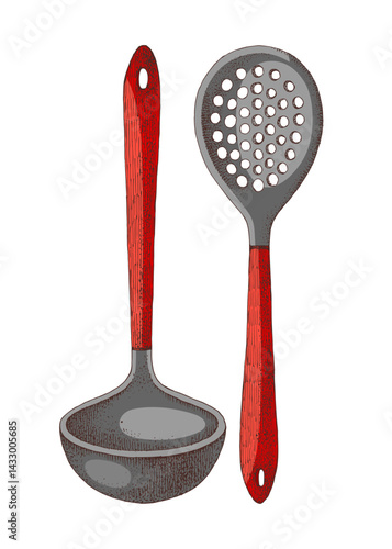 Kitchen utensils ladle and skimmer