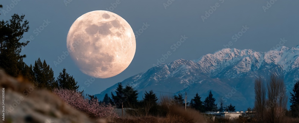 Fototapeta premium Full moon over snow-capped mountains