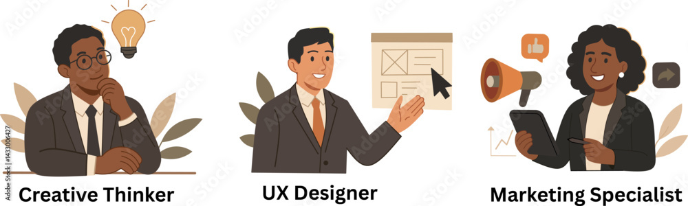 Business Professionals in Creative, UX Design, and Marketing Roles - Flat Vector Illustration Business Professionals in Creative, UX Design, and Marketing Roles - Flat Vector Illustration
