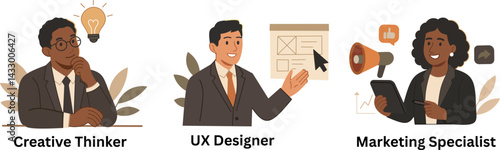 Business Professionals in Creative, UX Design, and Marketing Roles - Flat Vector Illustration