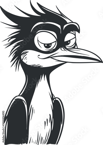 Black and white cartoon illustration of a bird with a long beak and spiky feathers, showing a sly expression