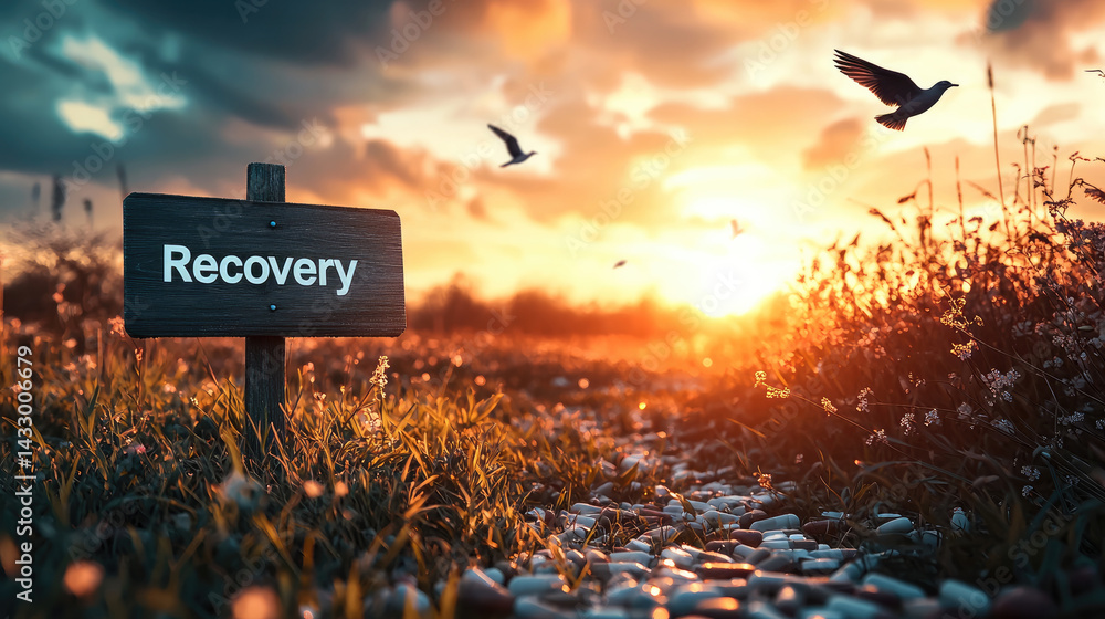 Recovery sign in serene landscape at sunrise, surrounded by vibrant grass and flowers, with birds flying in sky, evokes sense of hope and renewal