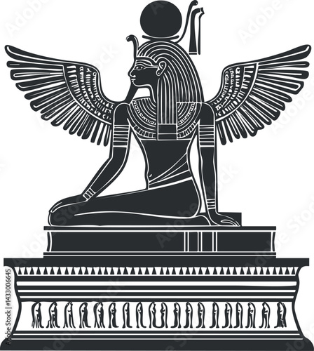 Ancient Egyptian goddess Isis depicted as a winged female figure seated on a pedestal with traditional headdress and symbolic elements.