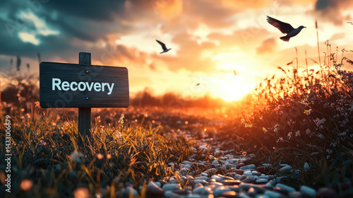 Obraz na płótnie Recovery sign in serene landscape at sunrise, surrounded by vibrant grass and flowers, with birds flying in sky, evokes sense of hope and renewal w salonie
