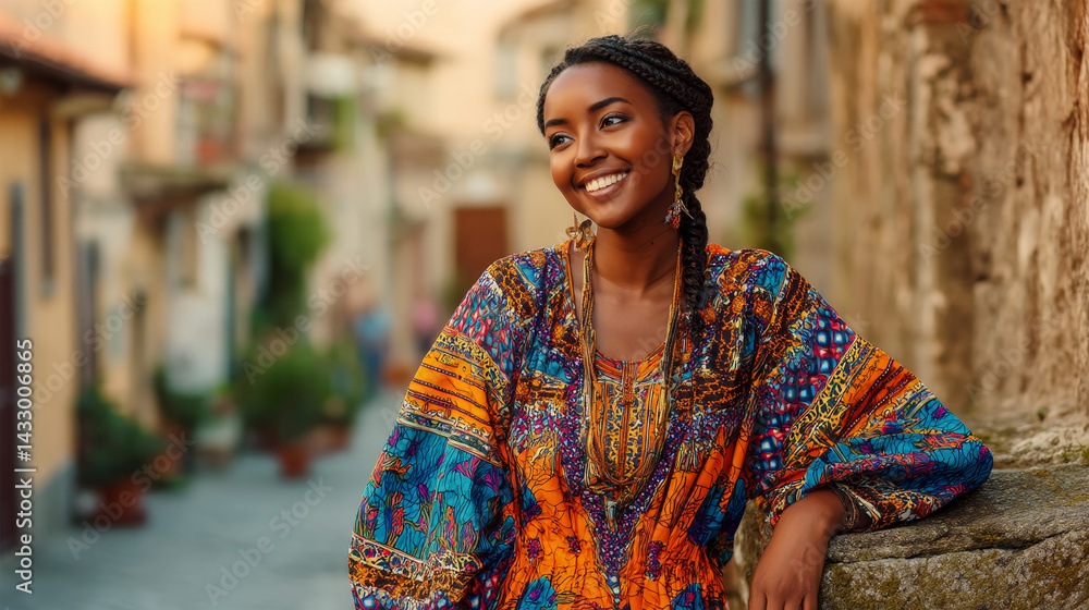 woman wearing african dress travel in africa city