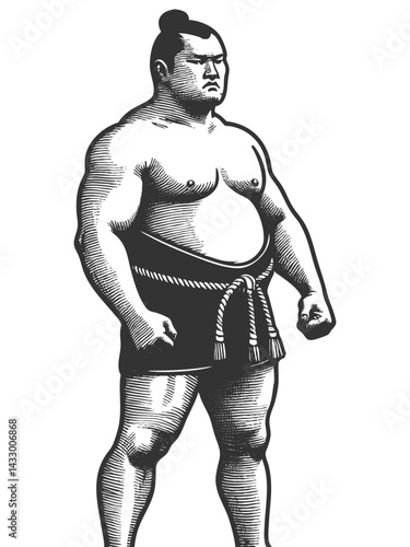 sumo wrestler kneeling in a traditional pose, emphasizing strength, discipline, and cultural heritage sketch engraving generative ai vector illustration. Scratch board imitation. Black and white image