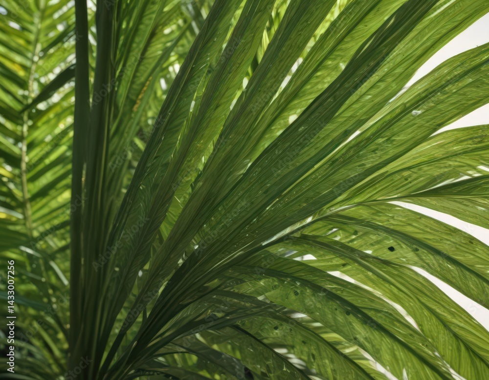 Sunlit close-up revealing intricate venation of a lush green palm leaf , summer, vein Sunlit close-up revealing intricate venation of a lush green palm leaf , summer, vein