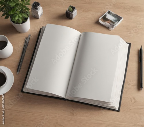 Open vertical photo album mockup, blank pages ready for images , illustration, photo album, memory