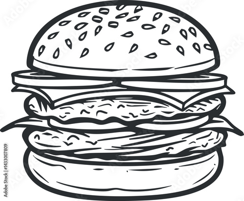 Hand drawn black and white illustration of a classic cheeseburger with sesame bun and double meat patties