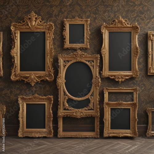 Ornate frames, varied sizes, against rich damask  ,  background,  decor,  pattern