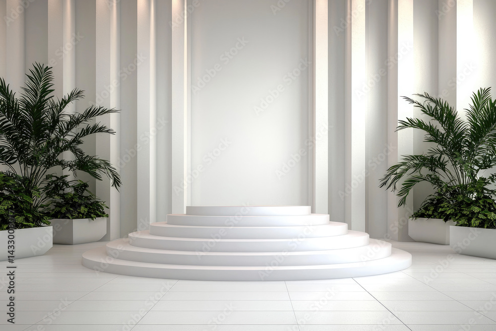 modern, minimalist stage design featuring white steps, lush green plants, and clean backdrop, perfect for presentations or events. serene atmosphere invites creativity and inspiration