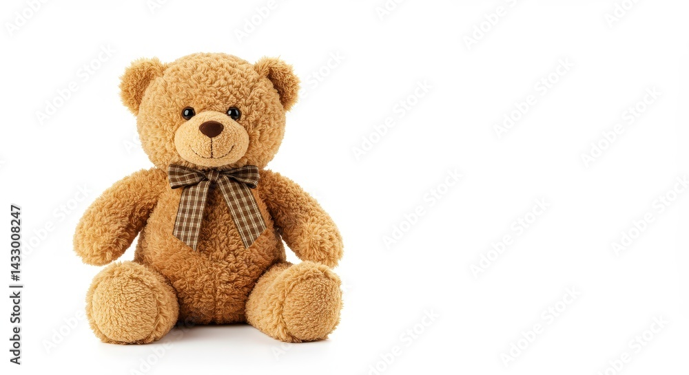 Soft Brown Teddy Bear with a Bow Tie Sitting on a Plain White Background Soft Brown Teddy Bear with a Bow Tie Sitting on a Plain White Background
