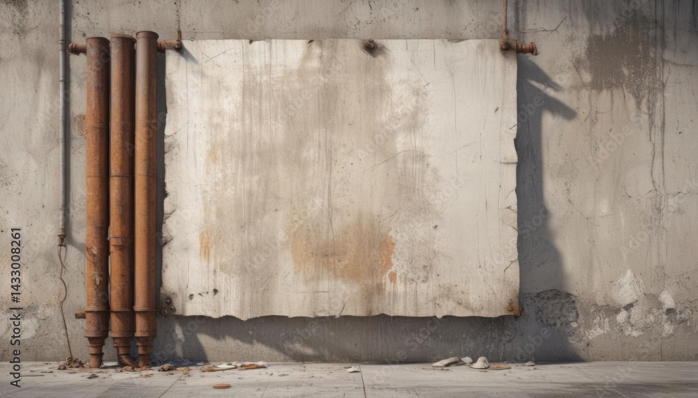 Naklejka premium Torn poster glued to a weathered concrete wall with rusty pipes , wall, structure, graphic