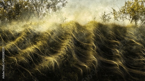 Field of tall grass with trees in background under soft sunlight.