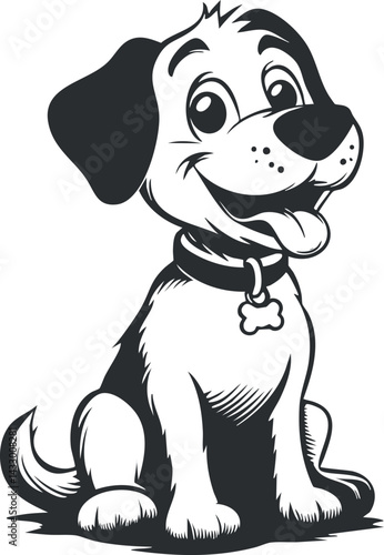 Black and white cartoon illustration of a happy puppy dog sitting with a collar and bone tag.