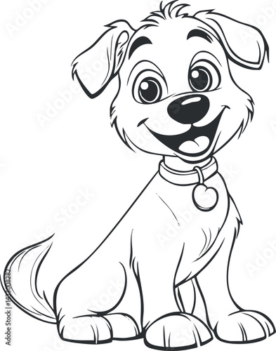Cute cartoon puppy sitting happily with a collar and smiling expression in black and white line art style