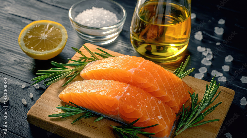 Fresh salmon fillets on wooden board, garnished with rosemary, accompanied by olive oil, sea salt, and lemon slice. This vibrant arrangement evokes sense of gourmet cooking and healthy eating