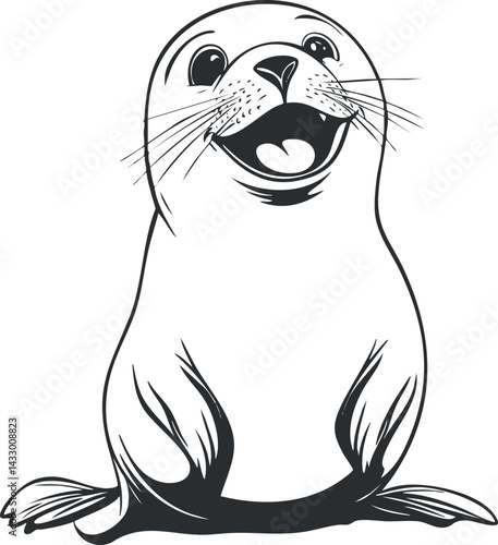Black and white illustration of a smiling baby seal with whiskers and flippers sitting happily