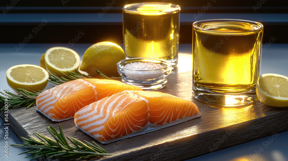 Fresh salmon fillets are beautifully arranged wooden board, accompanied by lemon slices, olive oil glasses, and small bowl of salt. warm lighting enhances gourmet presentation, evoking sense