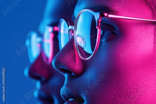 People in glasses and colorful light