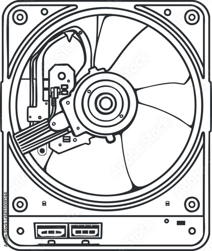 Black and white line drawing of a computer hard drive disk showing internal components and disk platter